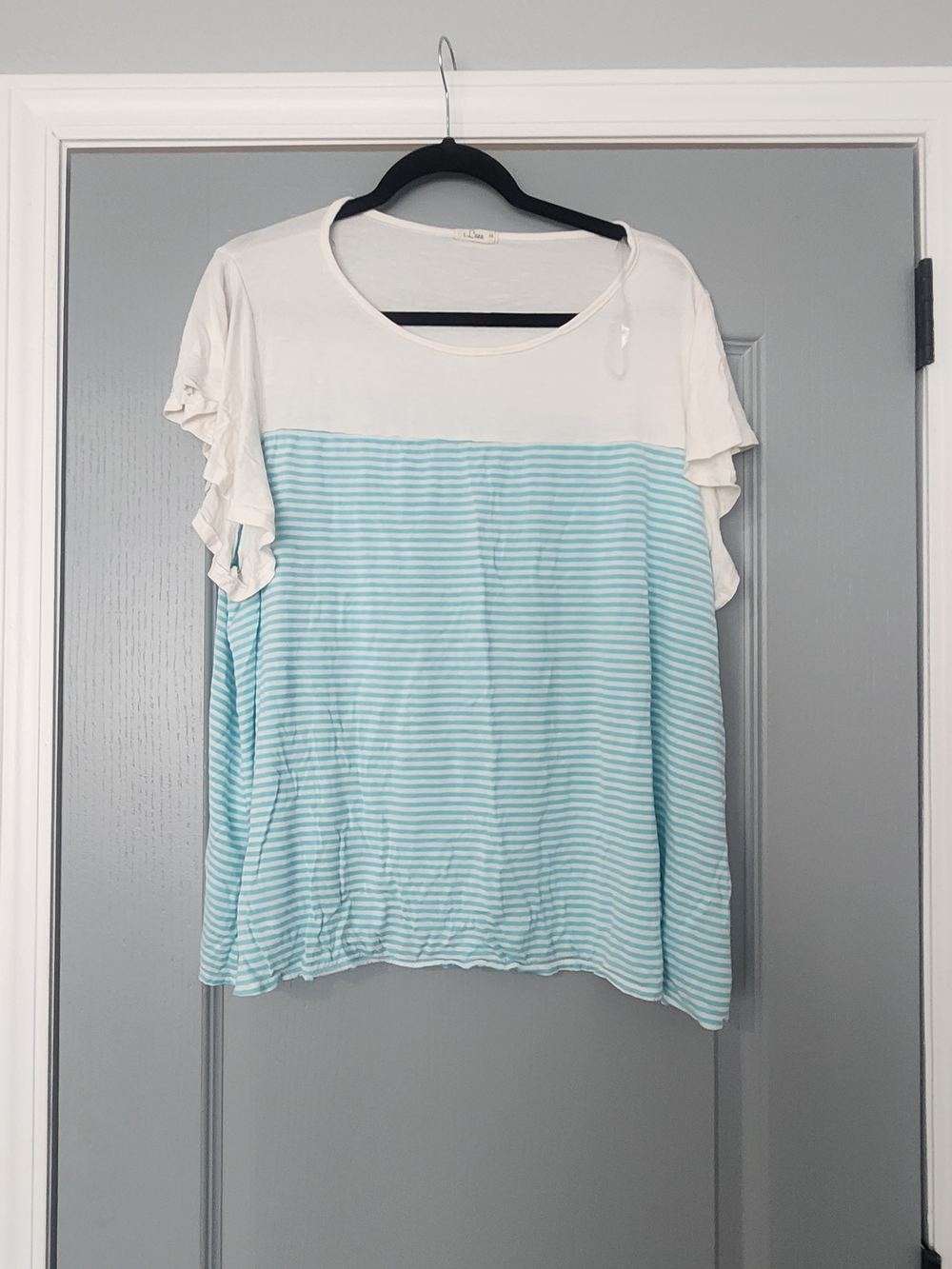 Women's White & Light Blue Stripe Ruffle Sleeve Tee